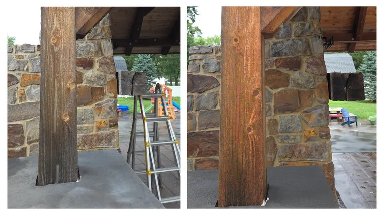 Before and after: a timber post set against the pavilion's stone wall, soft washed clean