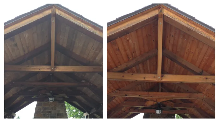 Before and after: the pavilion's grey, weathered gable ceiling soft washed back to warm cedar