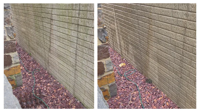 Before and after: black algae drips cleaned from the top of a concrete block wall