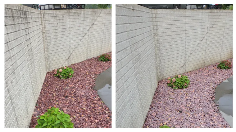 Before and after: the block wall and landscaping bed at a pavilion, cleared of green growth