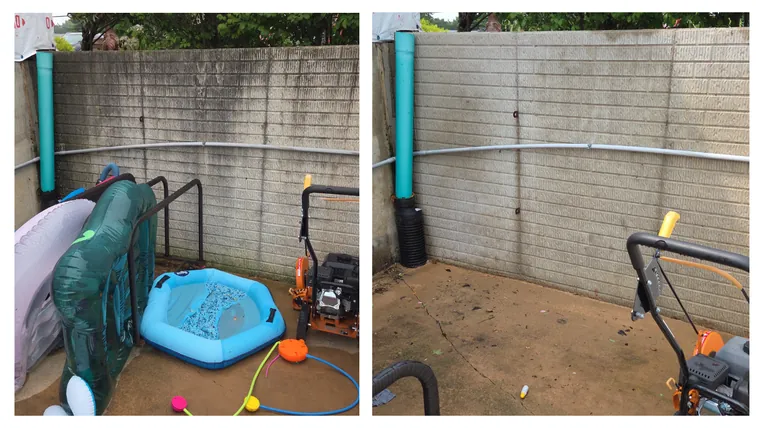 Before and after: the block wall behind a pool area, washed clean of heavy staining
