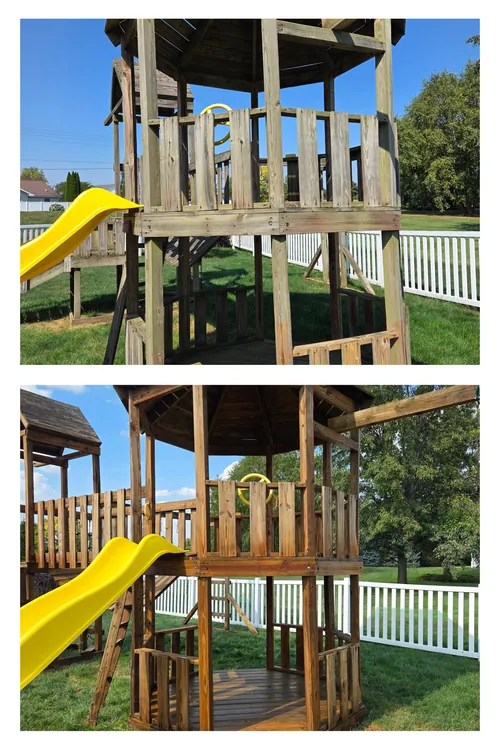 Before and after: a weathered grey wooden playset with a yellow slide, restored to warm timber