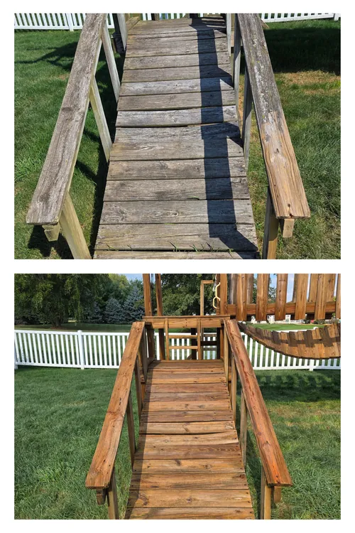Before and after: a playset walkway and rails washed back from grey to clean wood