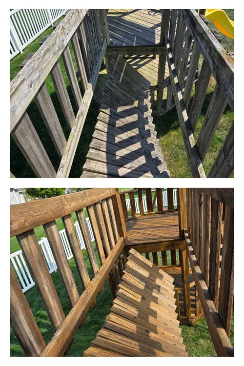 Before and after: playset steps and railings, the grey weathering cleaned away