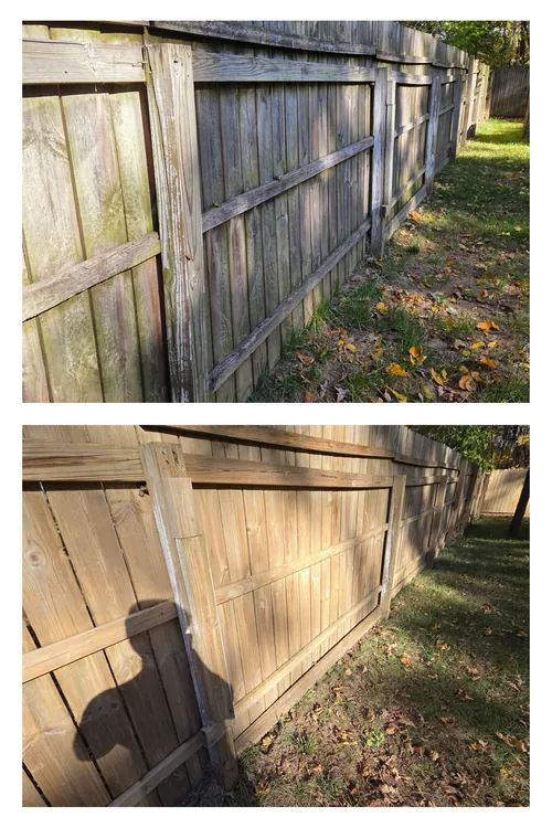 Before and after: a fence gate and rails, the mossy grey surface cleaned back to bare wood