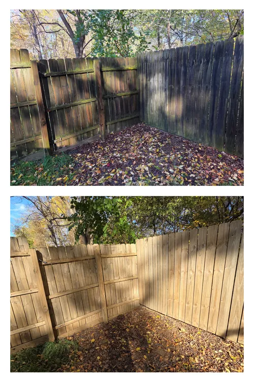 Before and after: a shaded stretch of wooden fence, its dark growth washed away