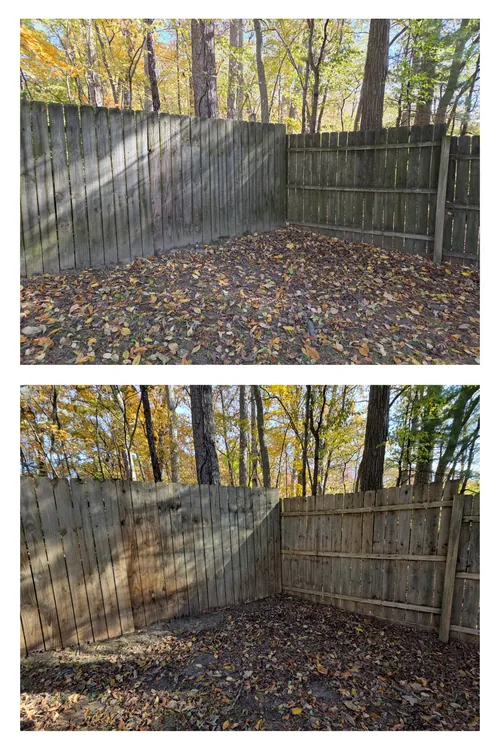 Before and after: a fence corner under the trees, cleaned back to clean, even timber
