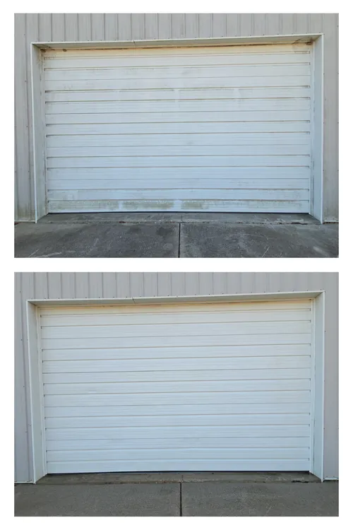 Before and after: a dingy white garage door and its concrete apron, cleaned to bright white