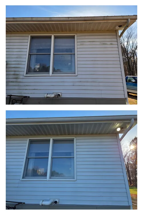 Before and after: a house window, soffit and siding cleared of dirt and streaking