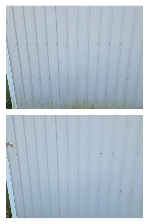 Before and after: a white metal wall panel with algae at its base, washed clean top to bottom