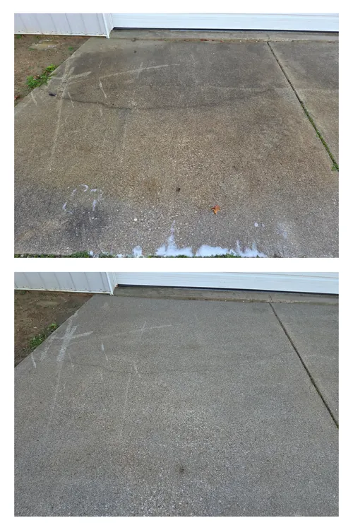 Before and after: a stained concrete driveway pressure washed to an even, clean finish