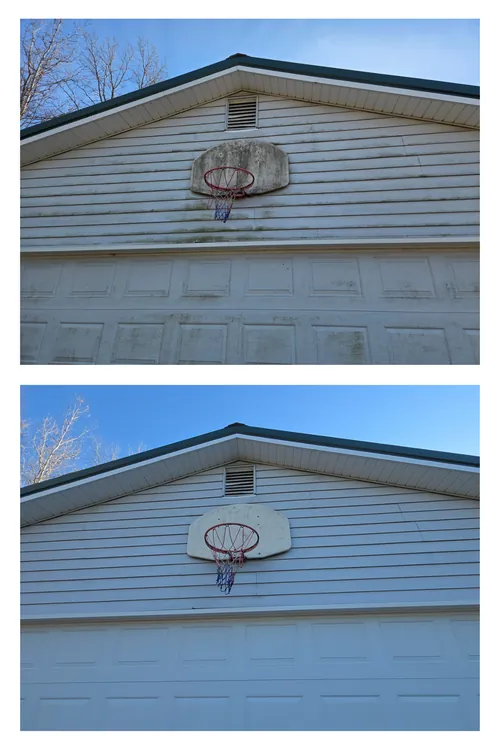 Before and after: the gable end of a garage with a basketball hoop, cleared of algae streaks