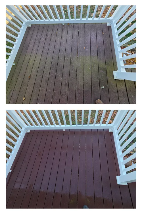 Before and after: a weathered, green-tinged wooden deck restored to a rich red stain