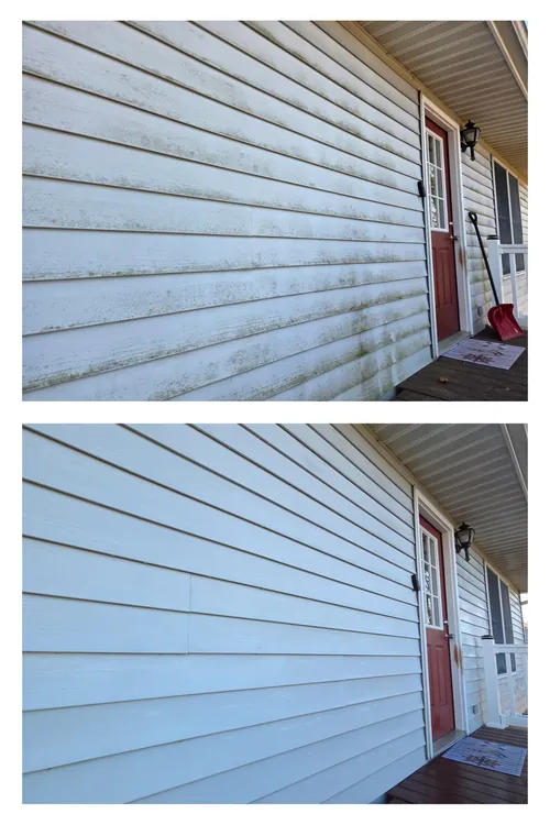 Before and after: white lap siding beside a red front door, washed clean of dirt and growth
