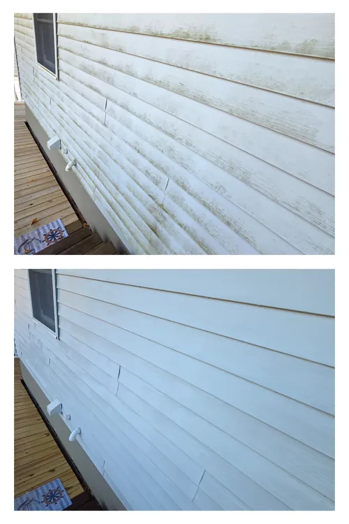 Before and after: black mildew streaks removed from the siding beside a window