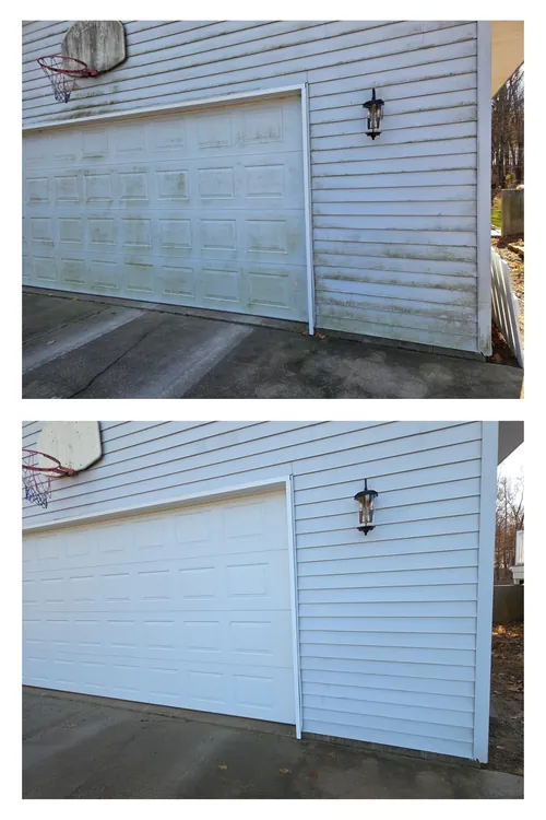 Before and after: a garage door and the algae-streaked siding around it, cleaned