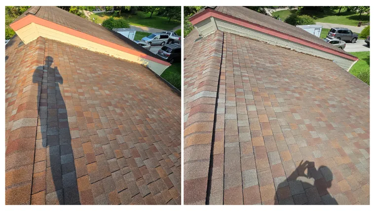 Before and after: a roof ridge and hip, the grey-black staining washed back to warm shingle colour