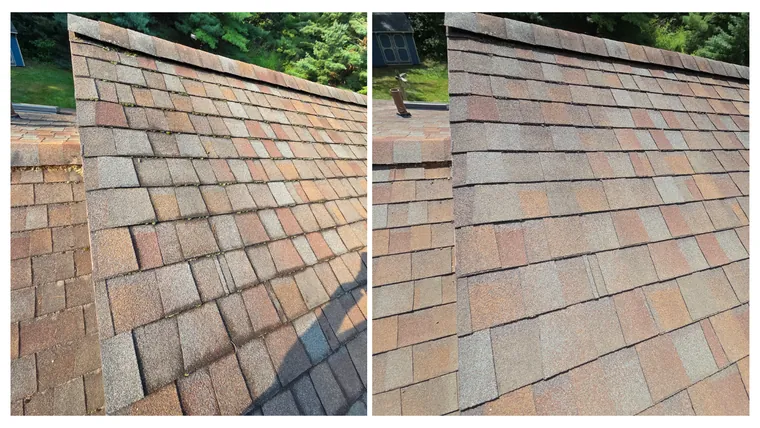 Before and after: shingles beside a roof valley, cleaned of heavy black streaking