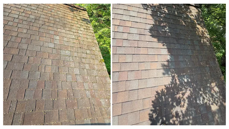 Before and after: a steep roof face cleared of algae, the clean shingle colour showing through
