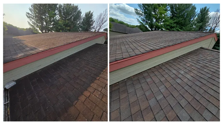 Before and after: the eave end of a shingle roof, its dark algae staining removed